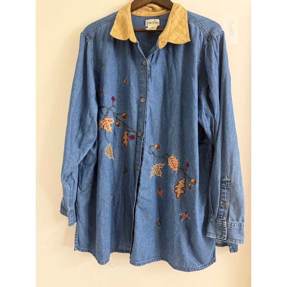 Bobbie Brooks Woman Denim Embroidered Fall Leaves Shirt 26W 28W Blue Cotton